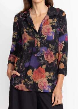 Johnny Was Floral Print 3/4 Sleeve Johnny Polo Top